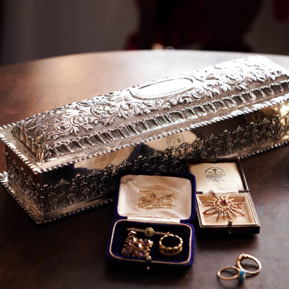 Giant Antique Edwardian Solid Silver Jewellery Box with Profuse Chased Decorations - Mappin & Webb Ltd 1901 View VI