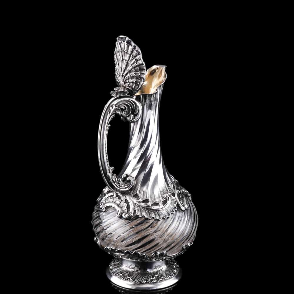 Antique French Solid Silver Ewer Glass Mounted, Rococo Shell Design - Lancon, Paris c.1880 View II