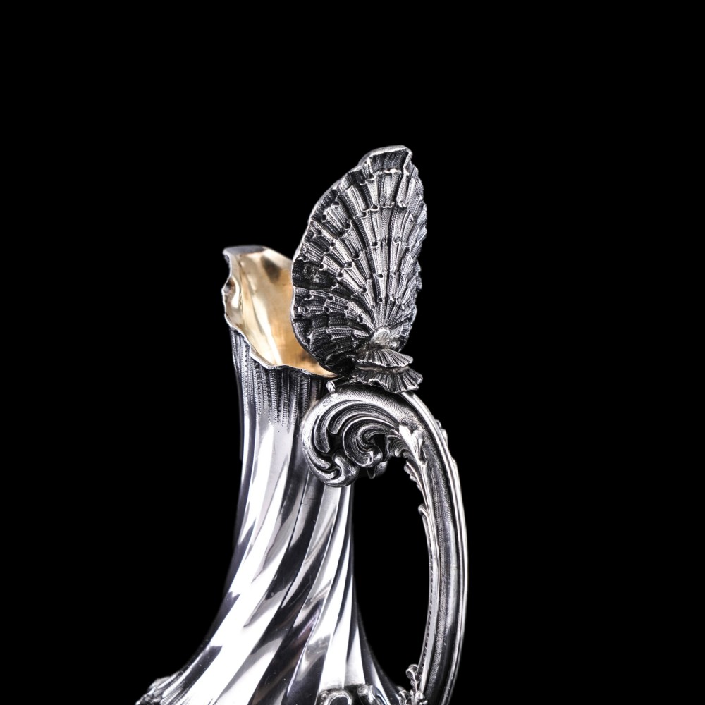 Antique French Solid Silver Ewer Glass Mounted, Rococo Shell Design - Lancon, Paris c.1880 View III