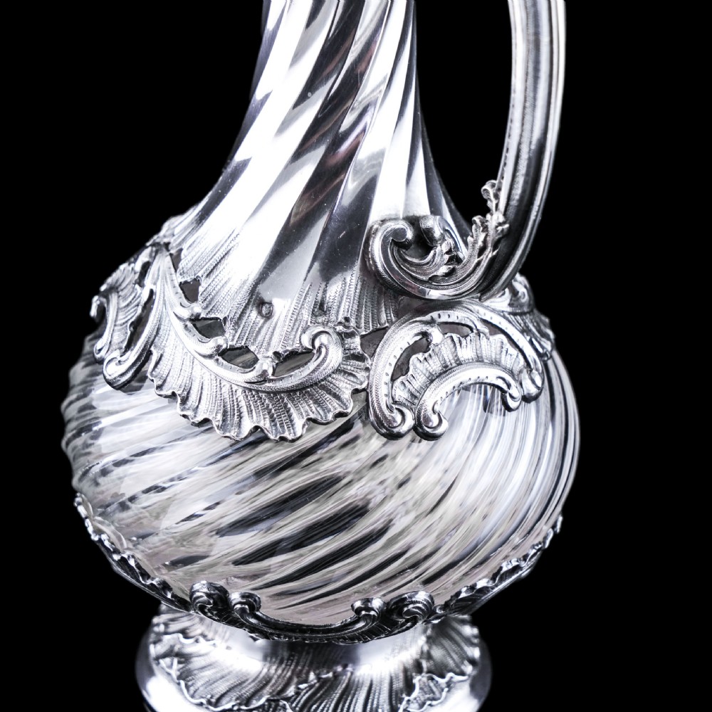 Antique French Solid Silver Ewer Glass Mounted, Rococo Shell Design - Lancon, Paris c.1880 View V
