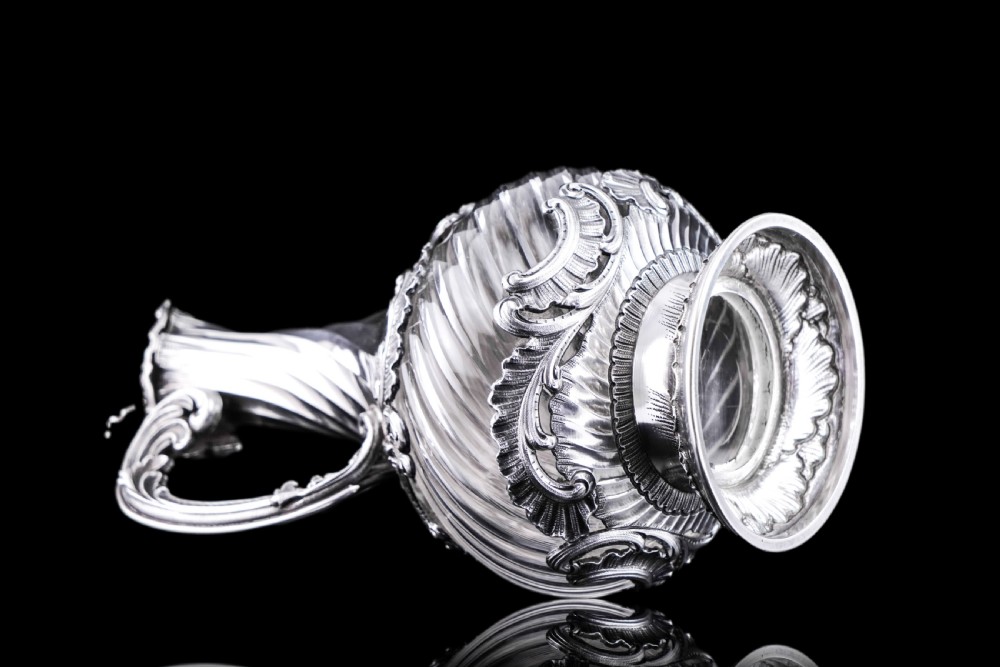 Antique French Solid Silver Ewer Glass Mounted, Rococo Shell Design - Lancon, Paris c.1880 View VI