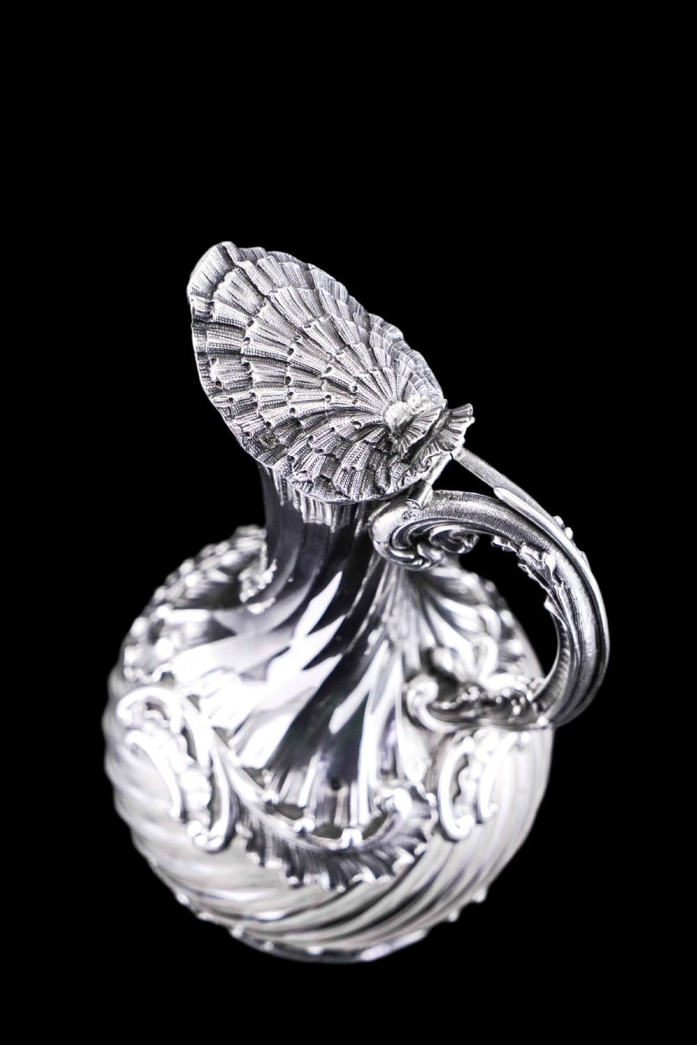 Antique French Solid Silver Ewer Glass Mounted, Rococo Shell Design - Lancon, Paris c.1880 View VII