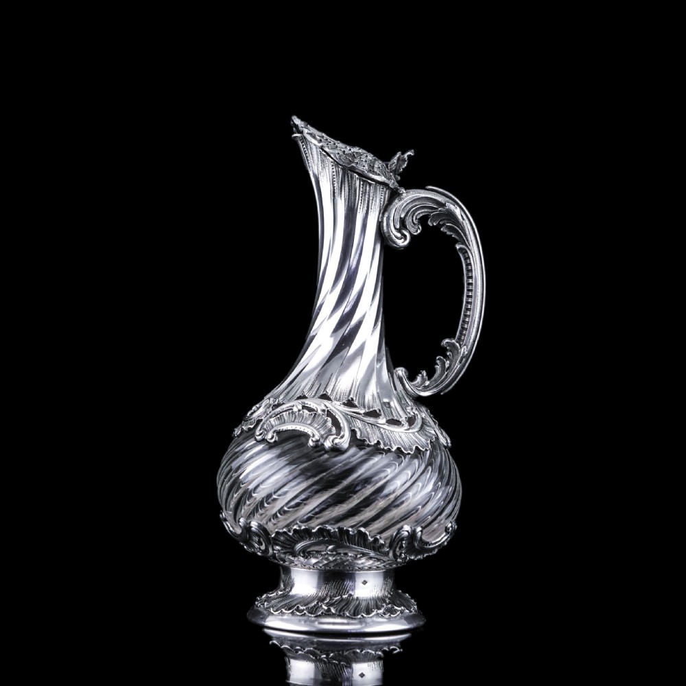 Antique French Solid Silver Ewer Glass Mounted, Rococo Shell Design - Lancon, Paris c.1880 View IX