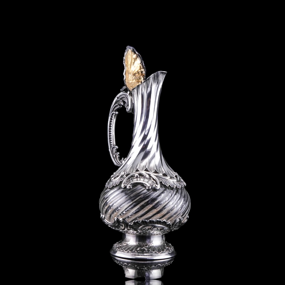 Antique French Solid Silver Ewer Glass Mounted, Rococo Shell Design - Lancon, Paris c.1880 View X