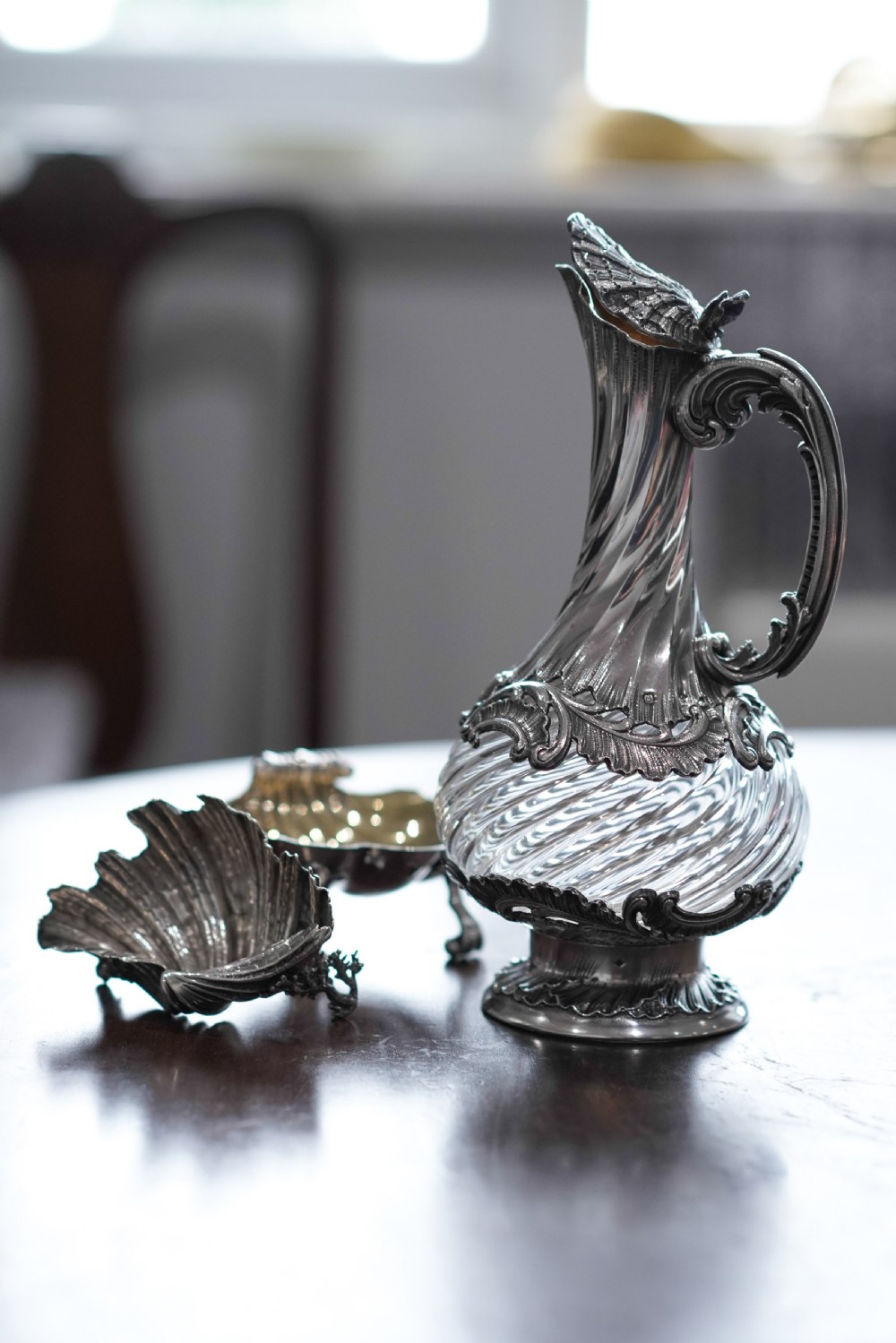 Antique French Solid Silver Ewer Glass Mounted, Rococo Shell Design - Lancon, Paris c.1880 View XII