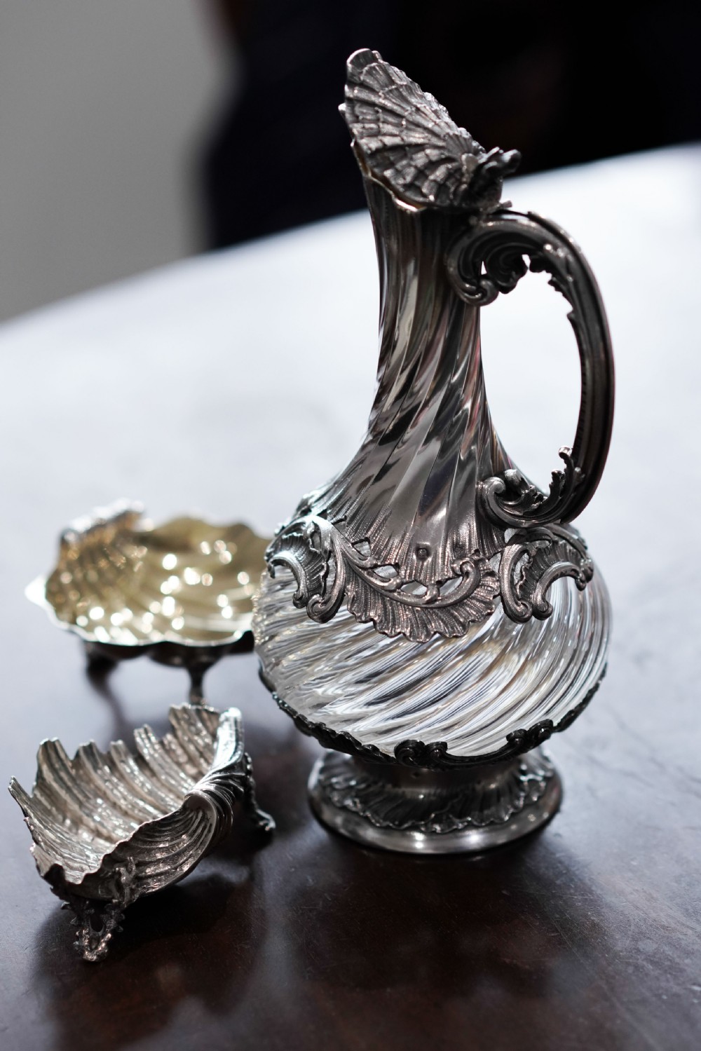 Antique French Solid Silver Ewer Glass Mounted, Rococo Shell Design - Lancon, Paris c.1880 View XIII