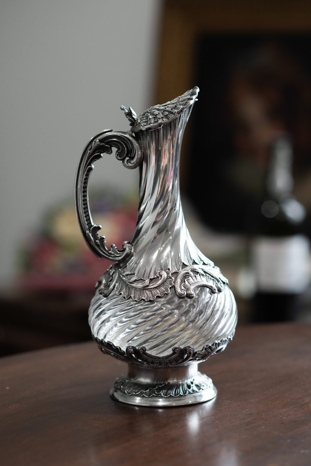 Antique French Solid Silver Ewer Glass Mounted, Rococo Shell Design - Lancon, Paris c.1880 View XVIII