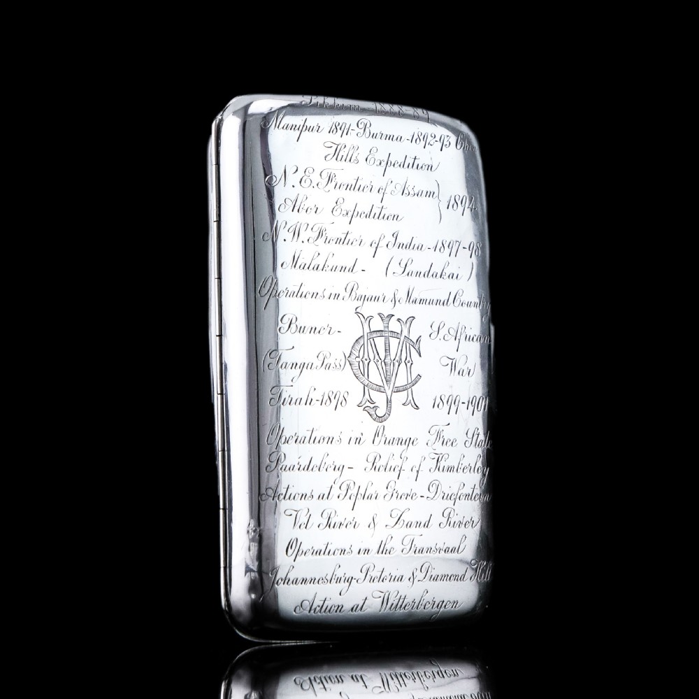 Antique Solid Silver Cigar Case with Indian Army Military Interest Records Hand Engraved - c.1890