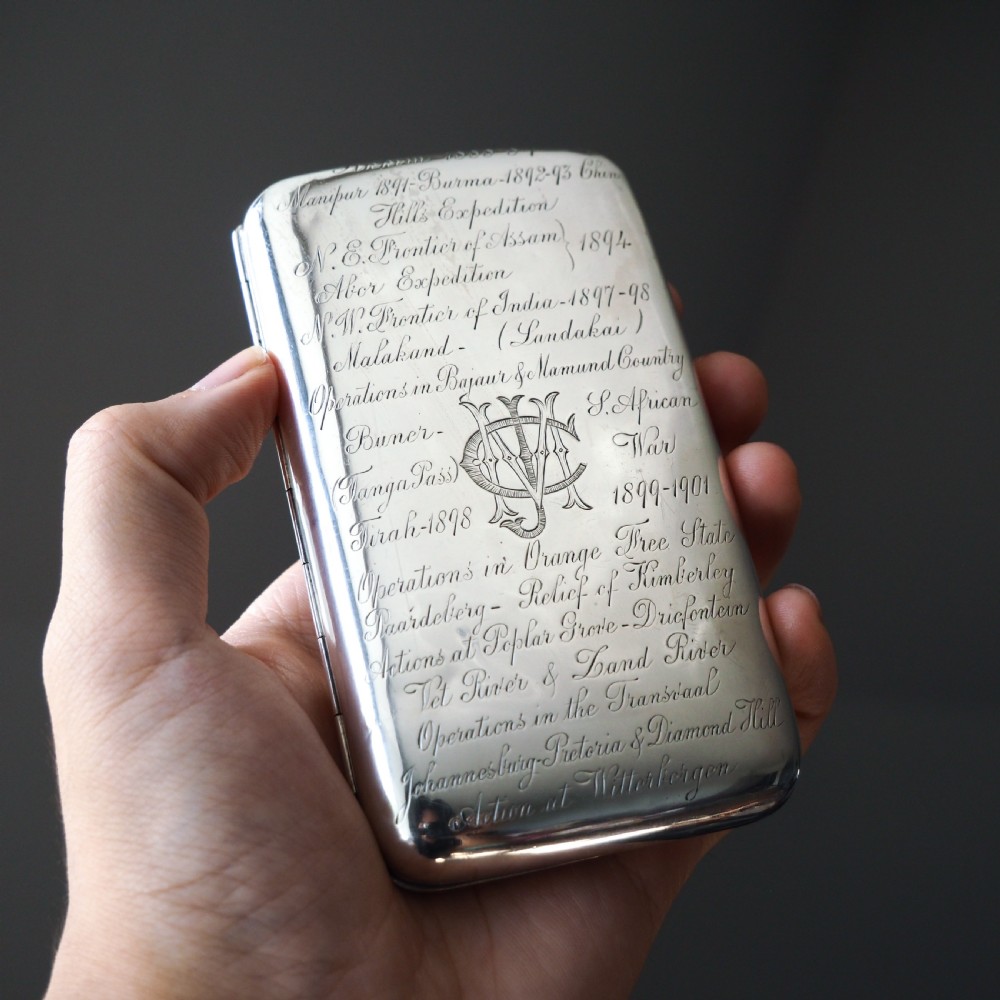 Antique Solid Silver Cigar Case with Indian Army Military Interest Records Hand Engraved - c.1890 View XVII
