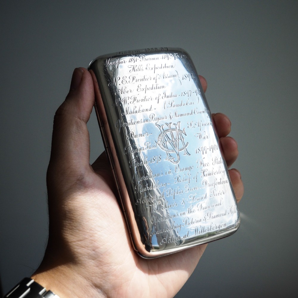 Antique Solid Silver Cigar Case with Indian Army Military Interest Records Hand Engraved - c.1890 View XX