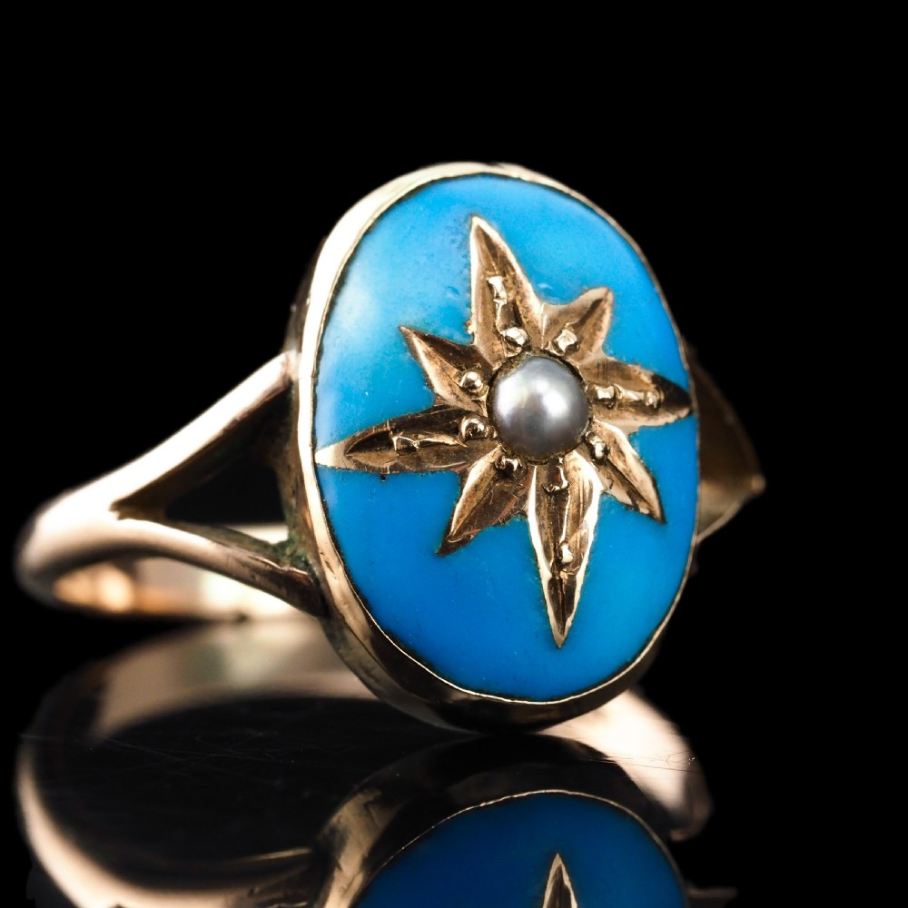 Antique Victorian Blue Enamel & Gold Star Pearl Ring 9K Gold - c.1880 View III