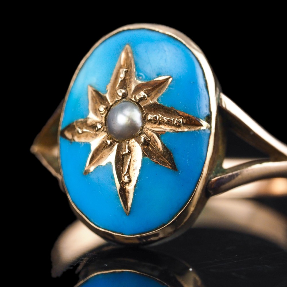 Antique Victorian Blue Enamel & Gold Star Pearl Ring 9K Gold - c.1880 View V