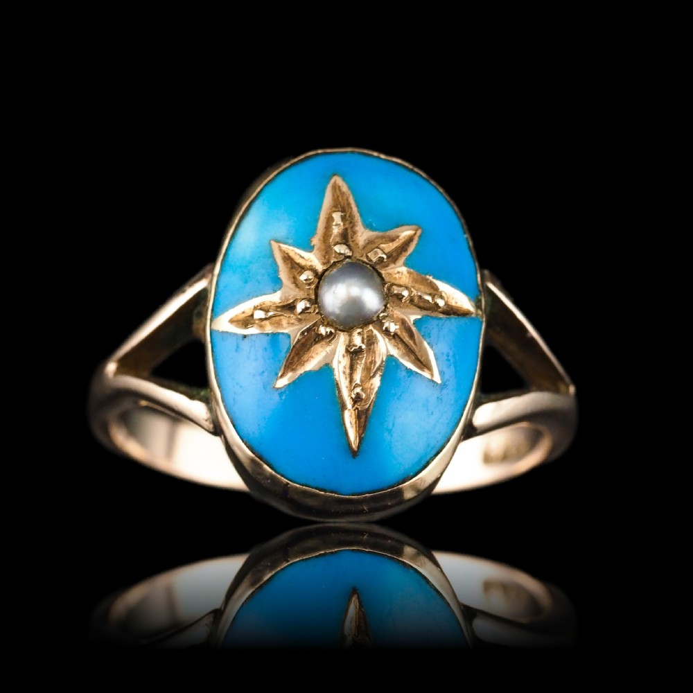 Antique Victorian Blue Enamel & Gold Star Pearl Ring 9K Gold - c.1880 View VI