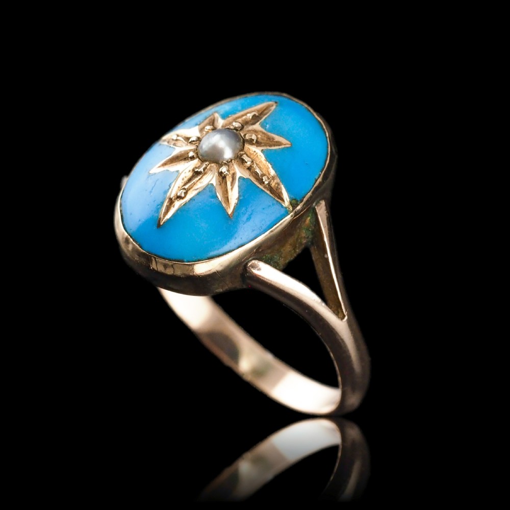 Antique Victorian Blue Enamel & Gold Star Pearl Ring 9K Gold - c.1880 View VII