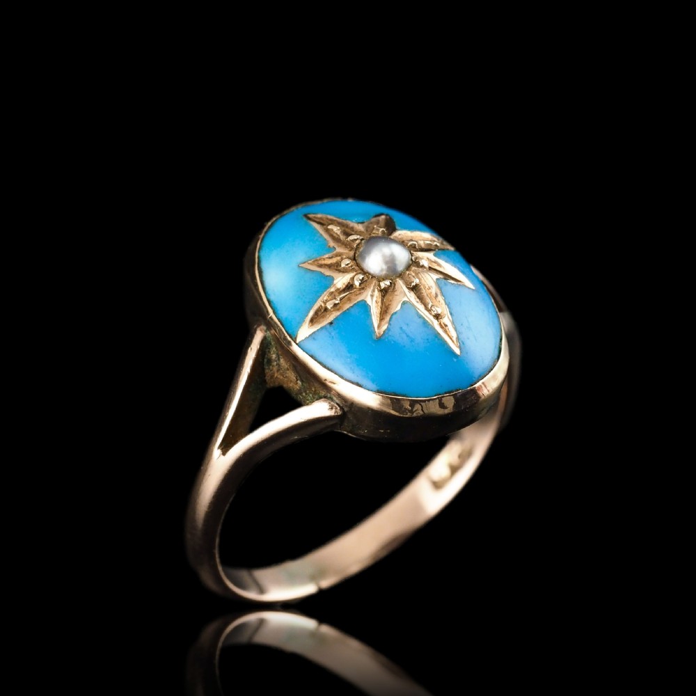 Antique Victorian Blue Enamel & Gold Star Pearl Ring 9K Gold - c.1880 View VIII