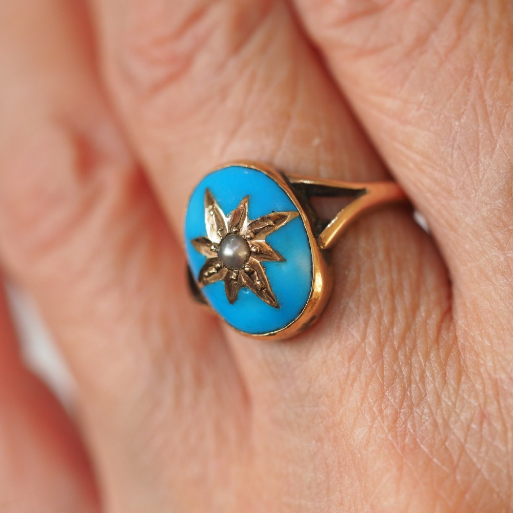 Antique Victorian Blue Enamel & Gold Star Pearl Ring 9K Gold - c.1880 View X