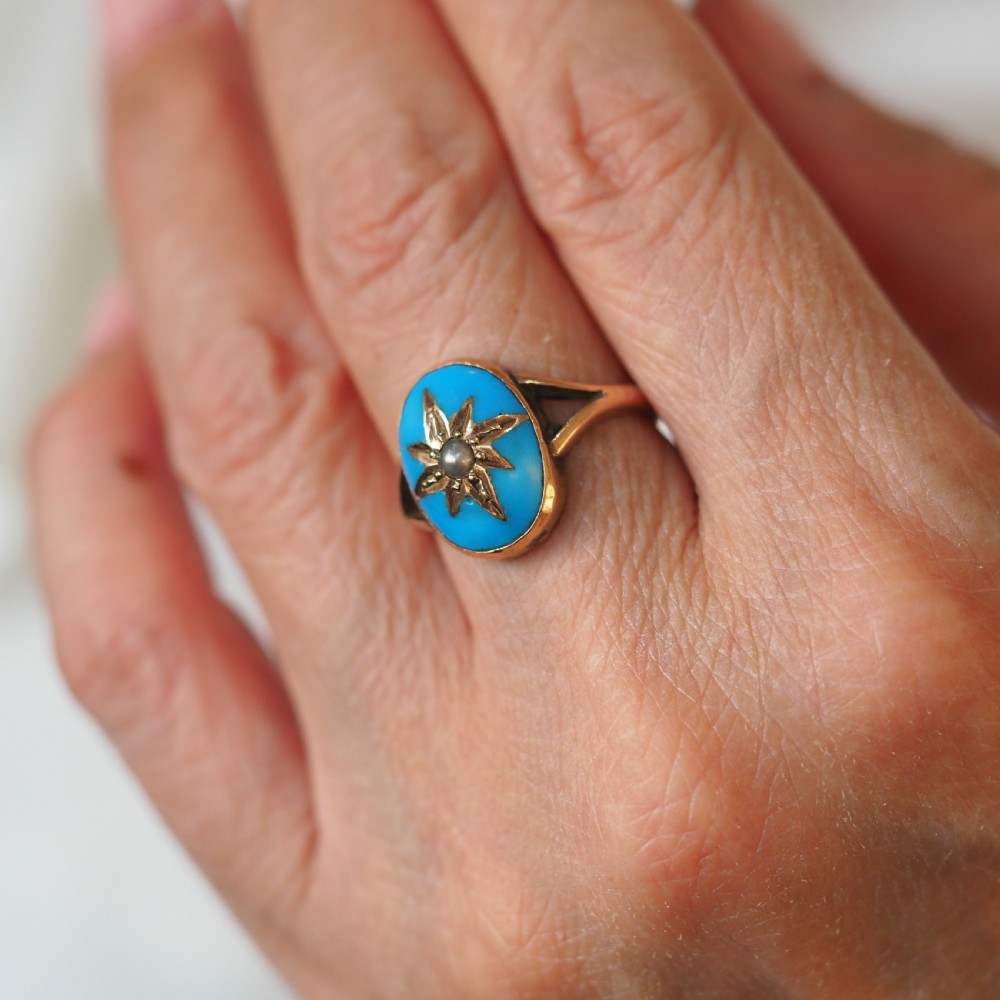 Antique Victorian Blue Enamel & Gold Star Pearl Ring 9K Gold - c.1880 View XI