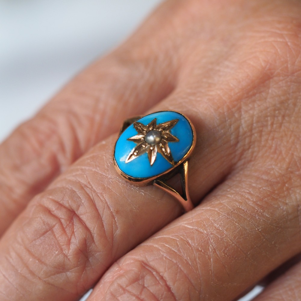 Antique Victorian Blue Enamel & Gold Star Pearl Ring 9K Gold - c.1880 View XII