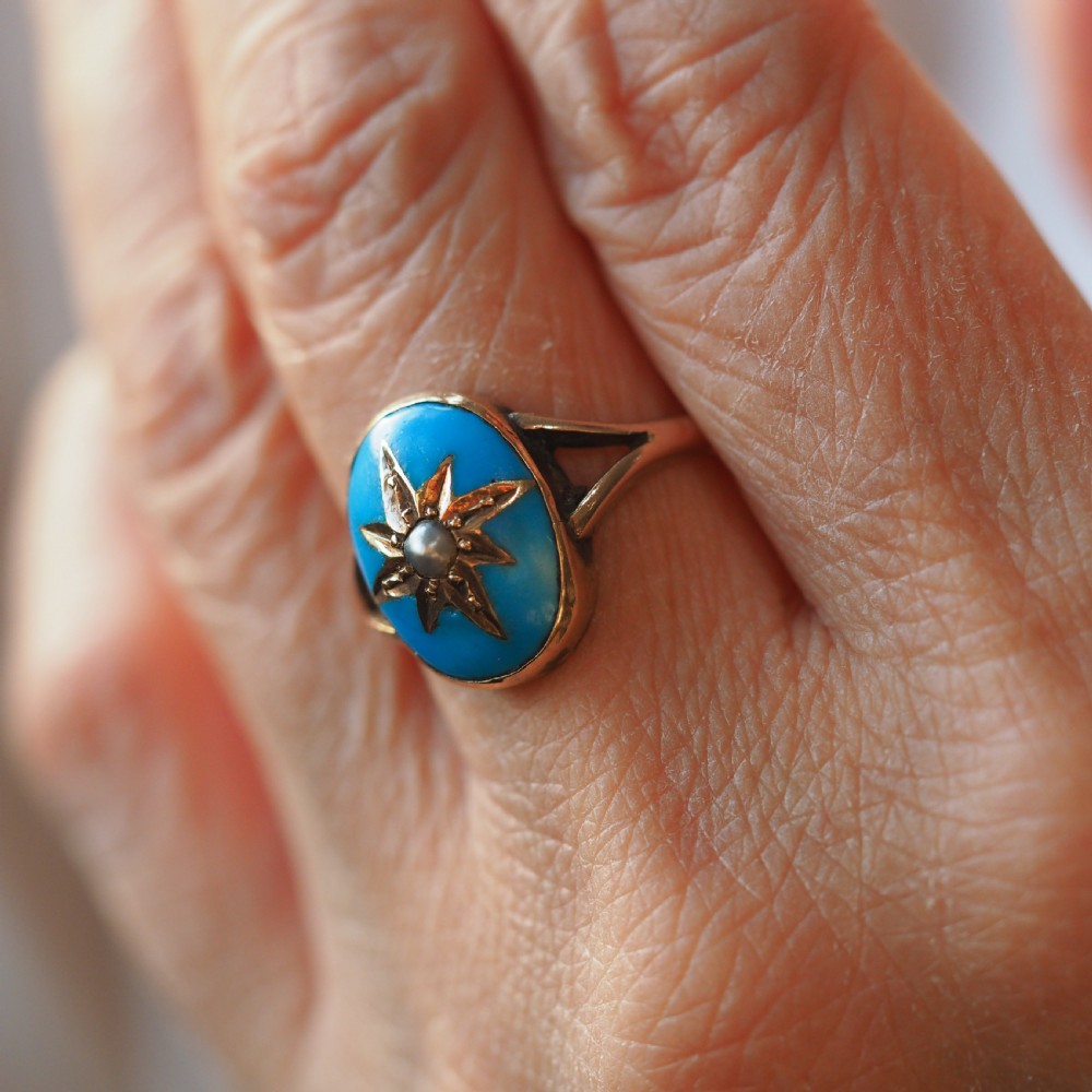 Antique Victorian Blue Enamel & Gold Star Pearl Ring 9K Gold - c.1880 View XIII