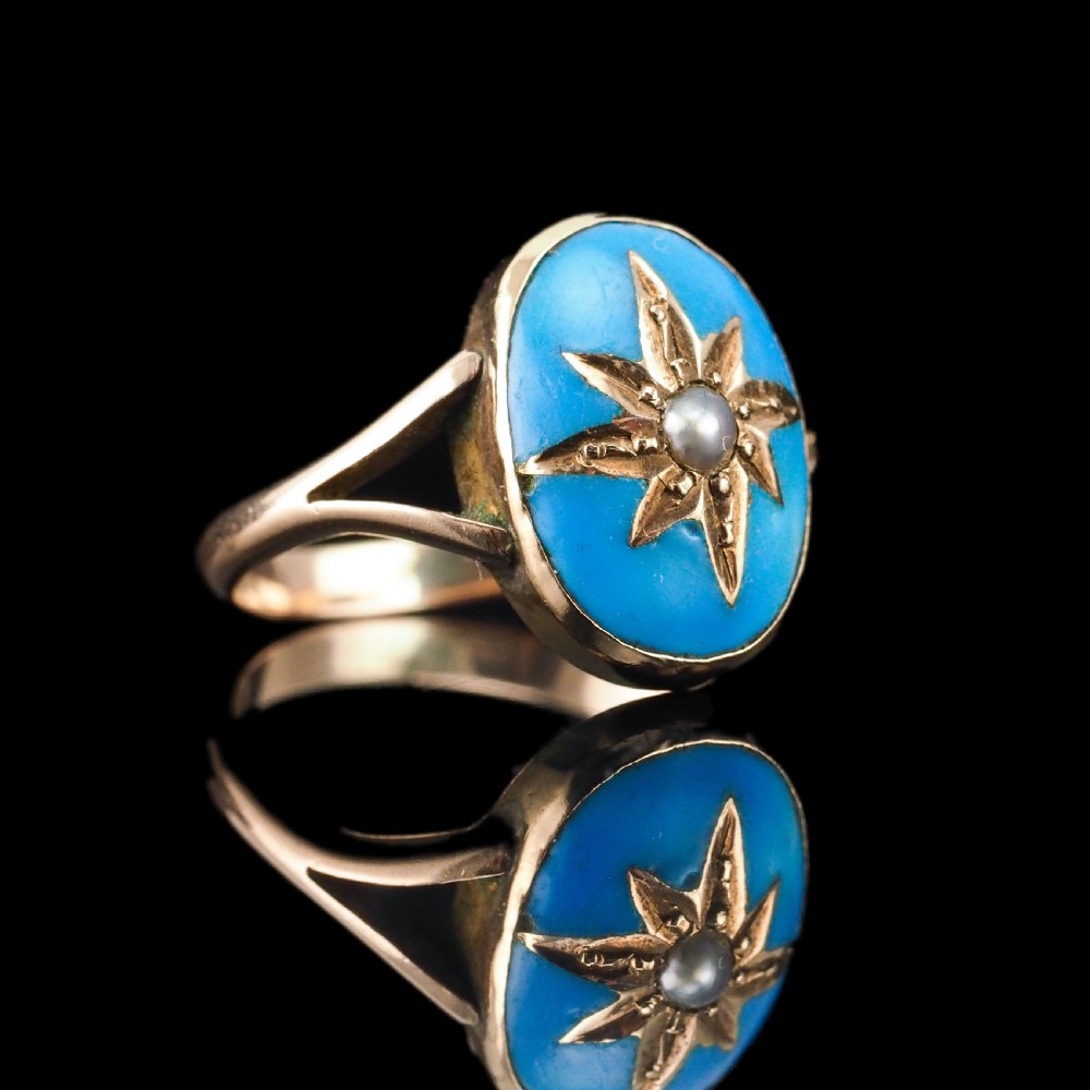 Antique Victorian Blue Enamel & Gold Star Pearl Ring 9K Gold - c.1880 View XIV