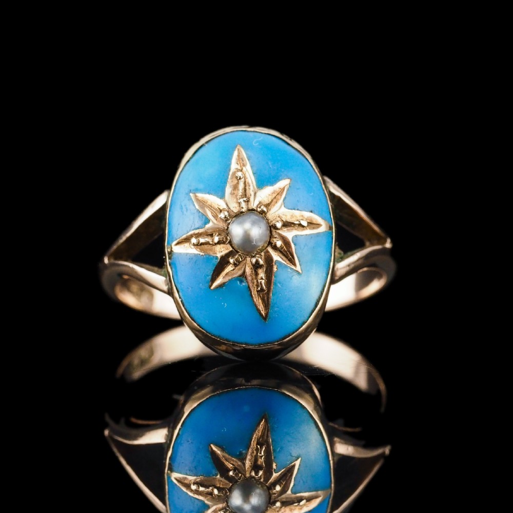 Antique Victorian Blue Enamel & Gold Star Pearl Ring 9K Gold - c.1880 View XV