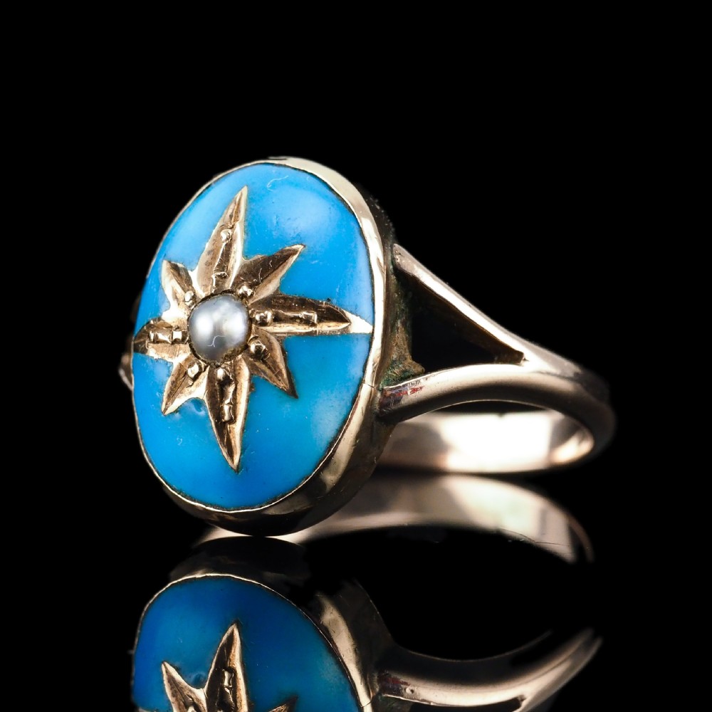 Antique Victorian Blue Enamel & Gold Star Pearl Ring 9K Gold - c.1880 View XVI
