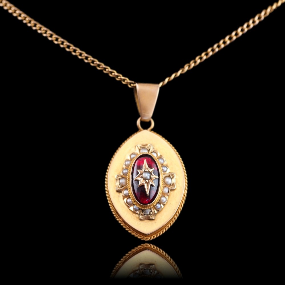 Antique Victorian Garnet & Pearl Pendant Necklace 14K Gold c.1880 View VII