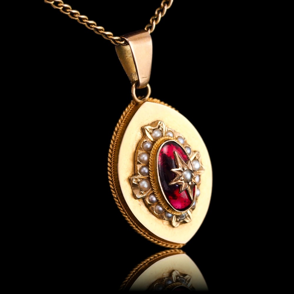 Antique Victorian Garnet & Pearl Pendant Necklace 14K Gold c.1880 View X