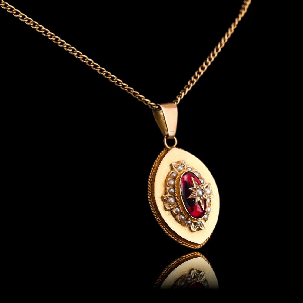 Antique Victorian Garnet & Pearl Pendant Necklace 14K Gold c.1880 View XI