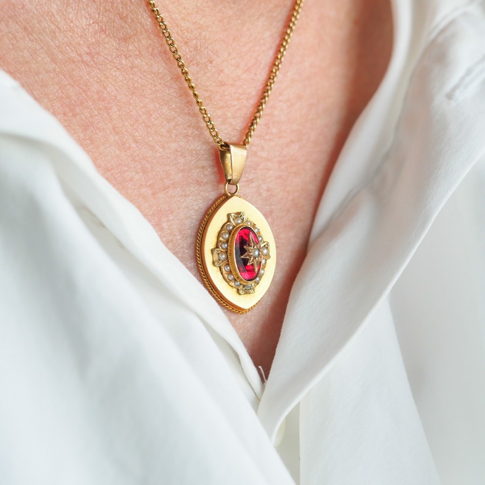 Antique Victorian Garnet & Pearl Pendant Necklace 14K Gold c.1880 View XII