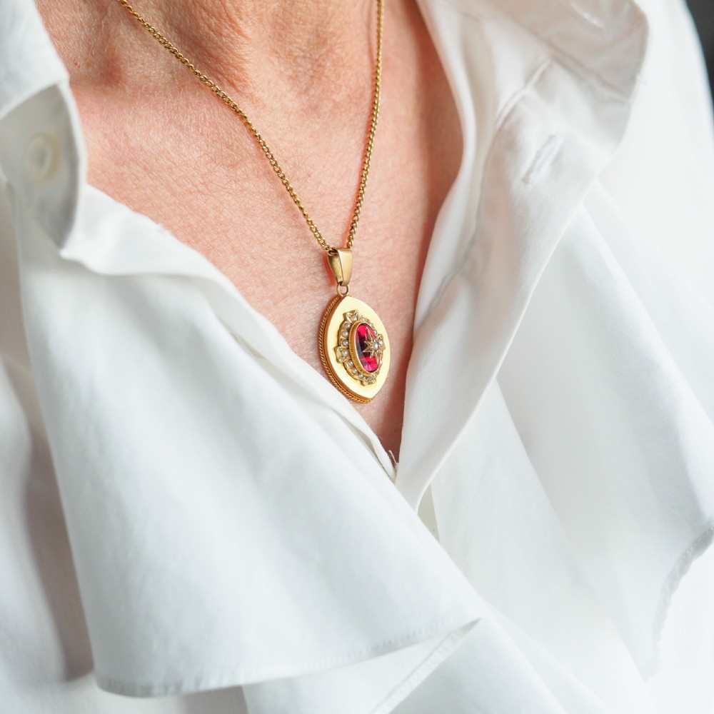 Antique Victorian Garnet & Pearl Pendant Necklace 14K Gold c.1880 View XIII
