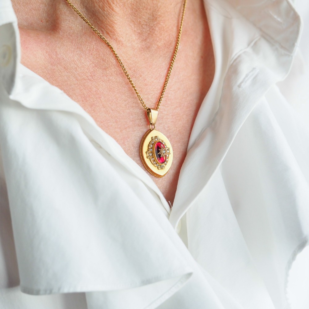Antique Victorian Garnet & Pearl Pendant Necklace 14K Gold c.1880 View XIV