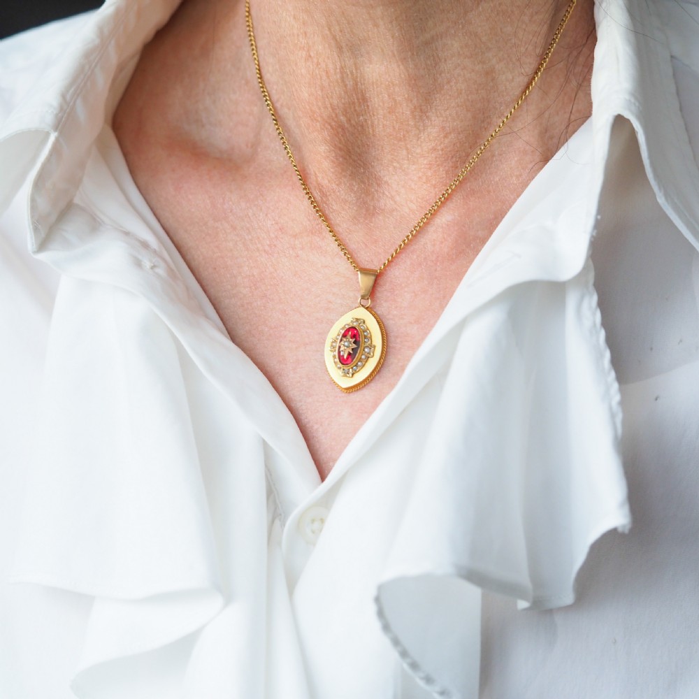 Antique Victorian Garnet & Pearl Pendant Necklace 14K Gold c.1880 View XV