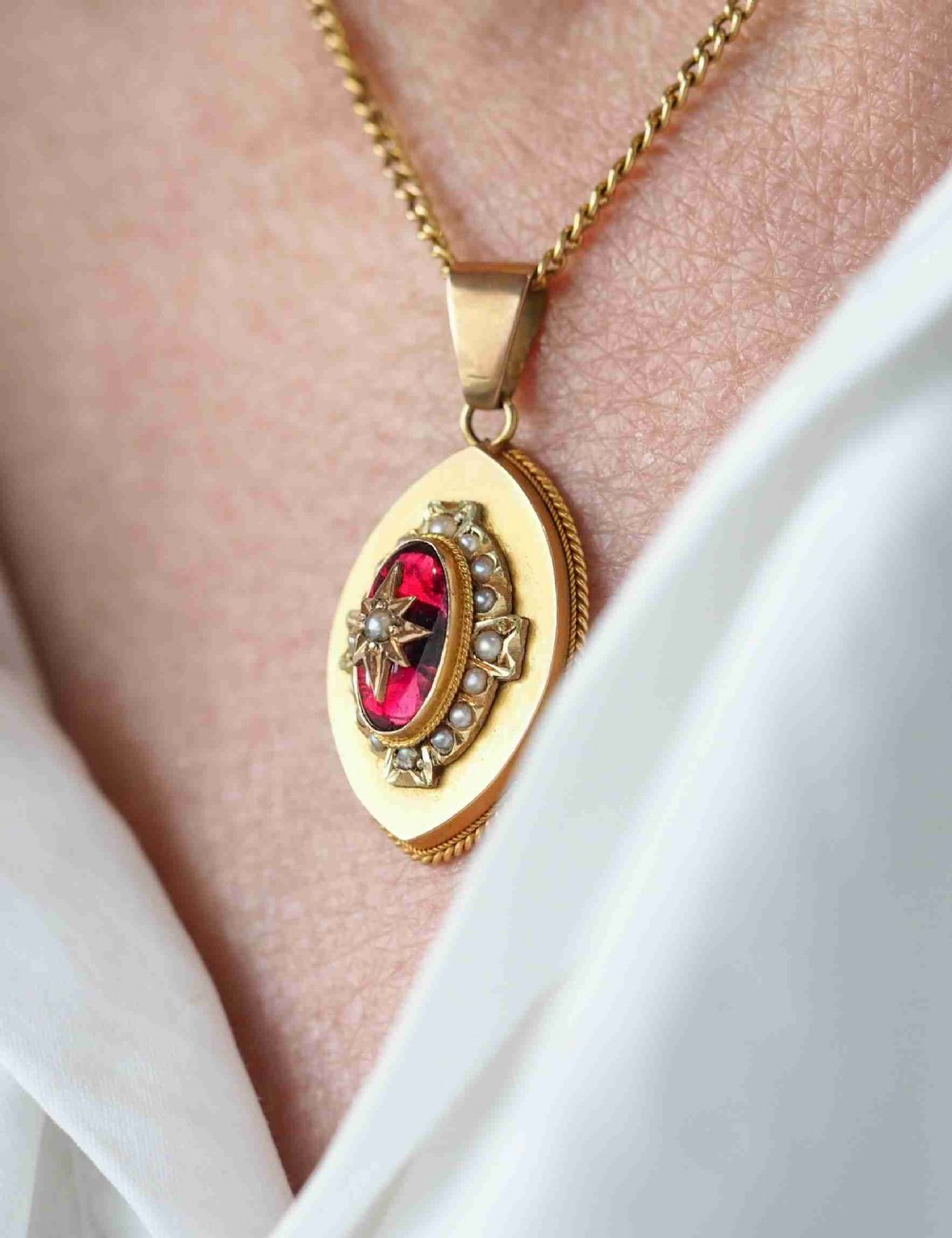 Antique Victorian Garnet & Pearl Pendant Necklace 14K Gold c.1880