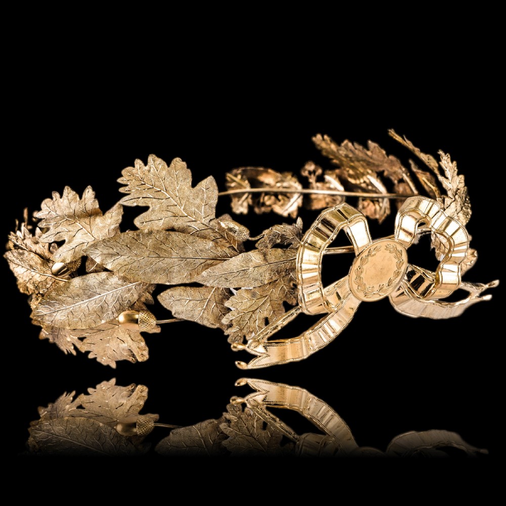 Antique French Solid Silver Gilt Crown Foliate Wreath with Laurel/Acorn Leaves 19th Century