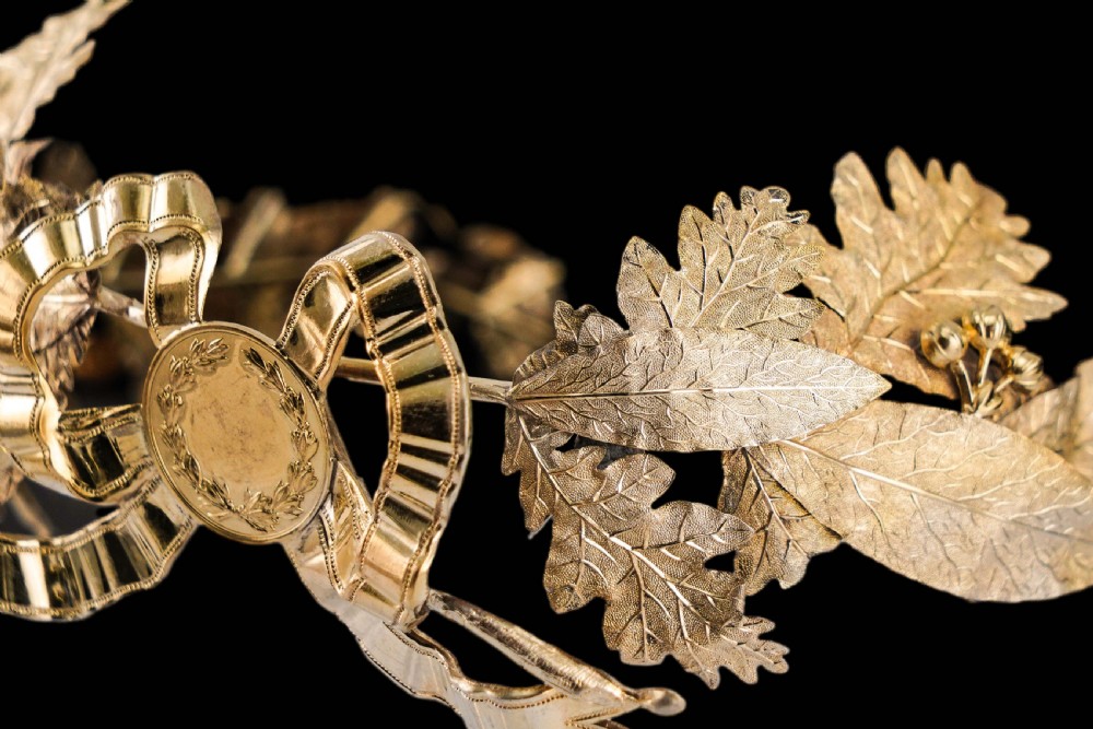Antique French Solid Silver Gilt Crown Foliate Wreath with Laurel/Acorn Leaves 19th Century View X