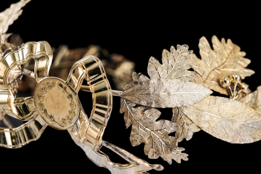 Antique French Solid Silver Gilt Crown Foliate Wreath with Laurel/Acorn Leaves 19th Century View XIII