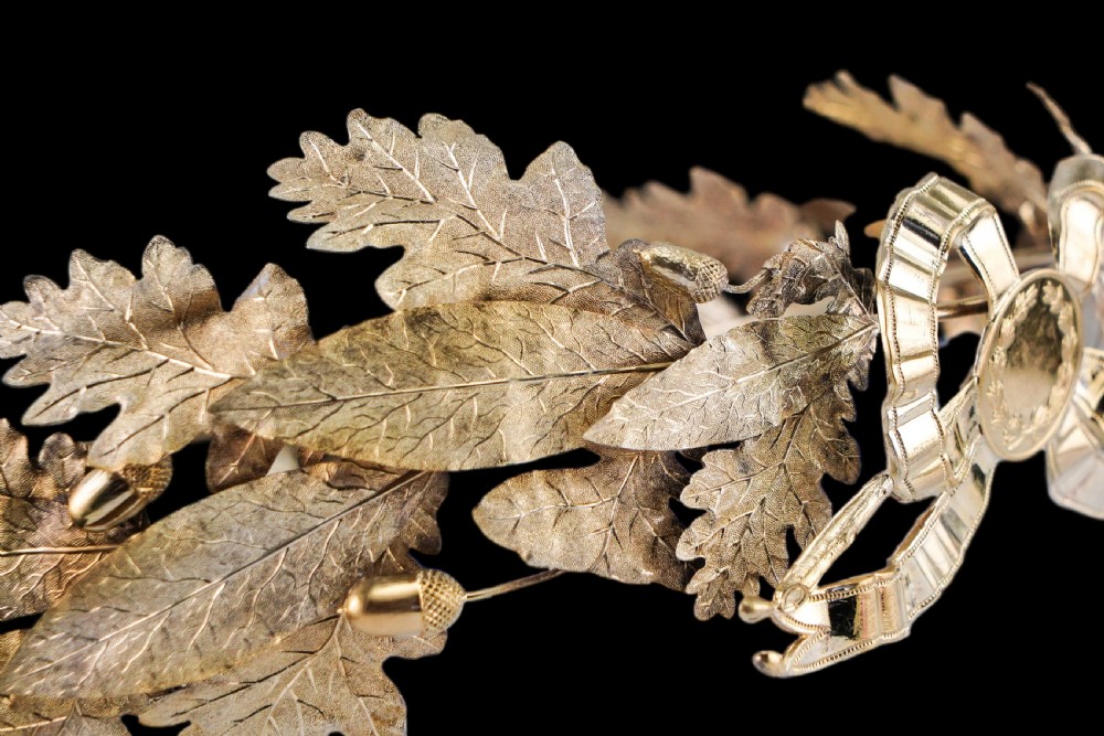 Antique French Solid Silver Gilt Crown Foliate Wreath with Laurel/Acorn Leaves 19th Century View XIV