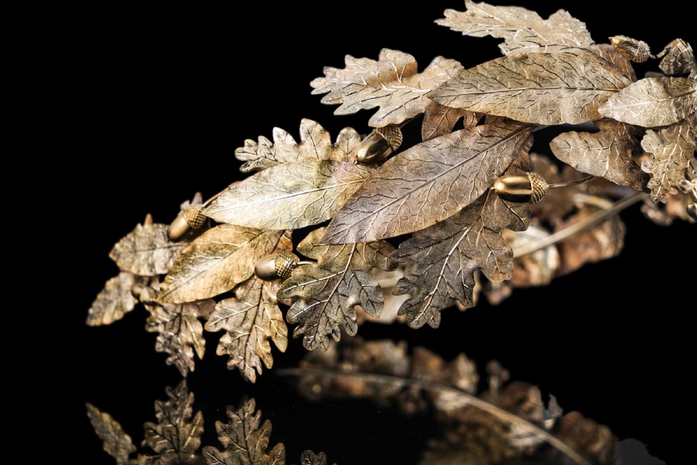 Antique French Solid Silver Gilt Crown Foliate Wreath with Laurel/Acorn Leaves 19th Century View XVI