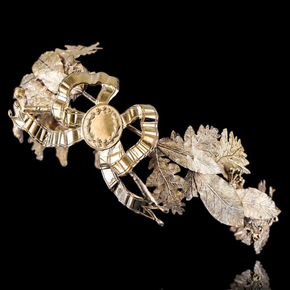 Antique French Solid Silver Gilt Crown Foliate Wreath with Laurel/Acorn Leaves 19th Century View XIX