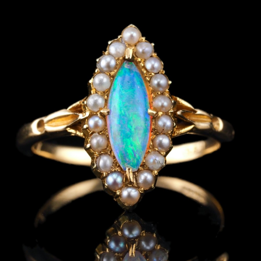Antique Victorian Opal Ring Marquise Cluster Pearls 18k Gold - C.1895