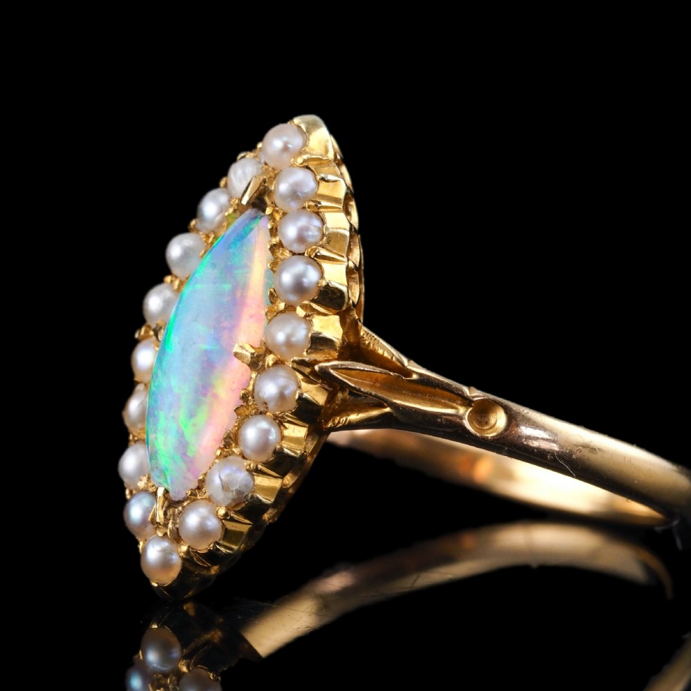 Antique Victorian Opal Ring Marquise Cluster Pearls 18k Gold - C.1895 View II