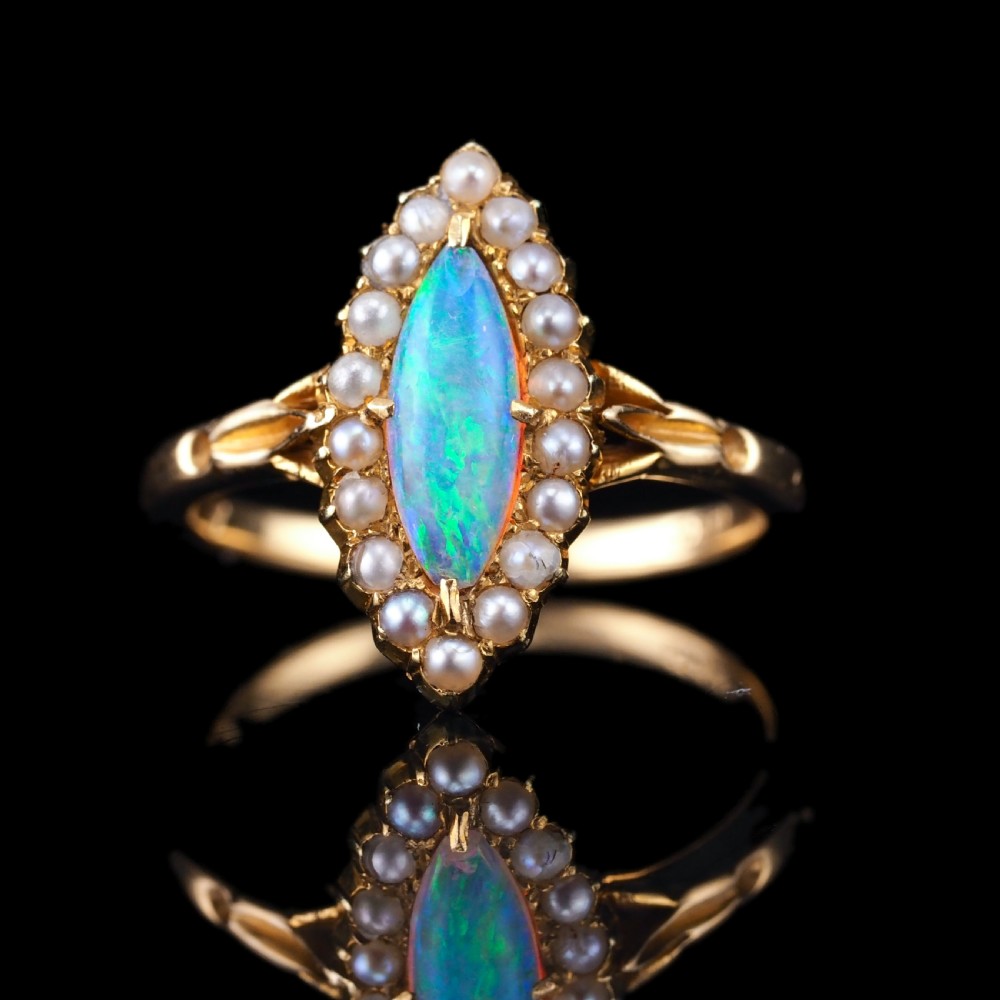 Antique Victorian Opal Ring Marquise Cluster Pearls 18k Gold - C.1895 View III