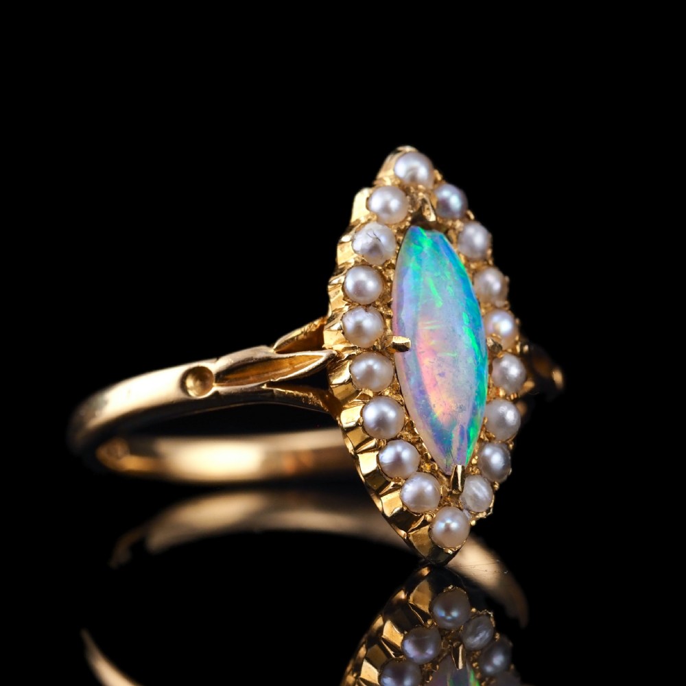 Antique Victorian Opal Ring Marquise Cluster Pearls 18k Gold - C.1895 View V