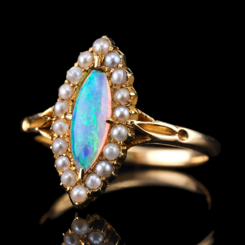 Antique Victorian Opal Ring Marquise Cluster Pearls 18k Gold - C.1895 View VI