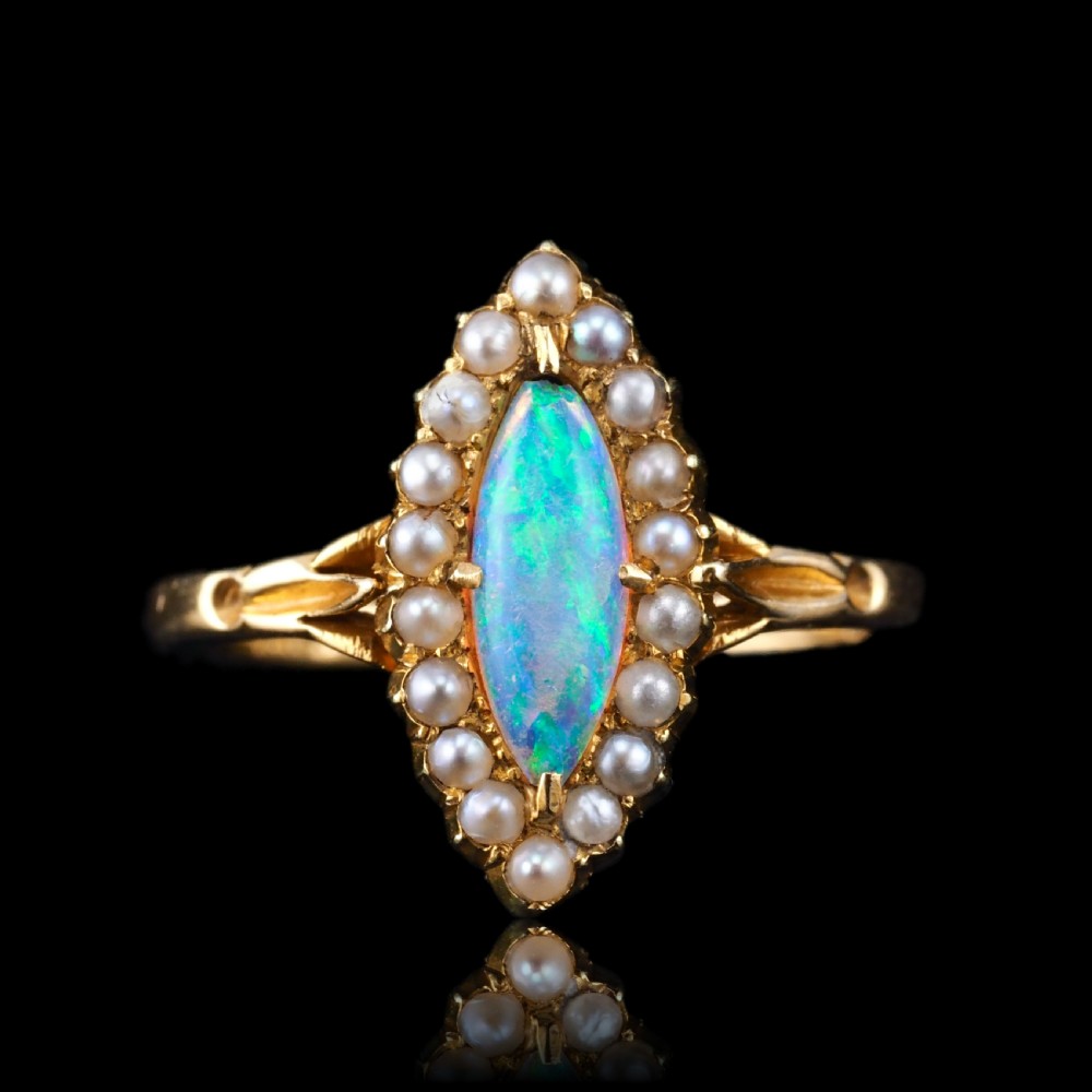 Antique Victorian Opal Ring Marquise Cluster Pearls 18k Gold - C.1895 View VII
