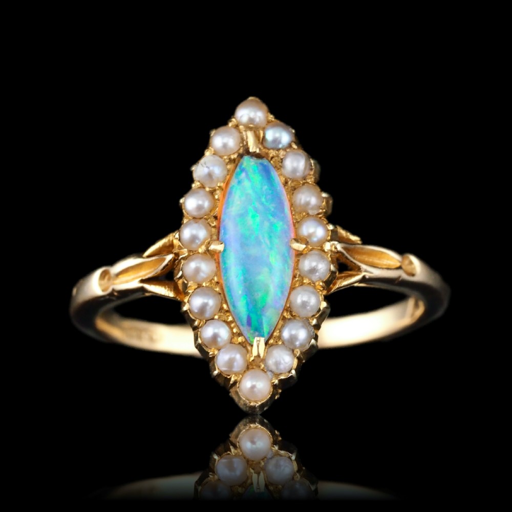 Antique Victorian Opal Ring Marquise Cluster Pearls 18k Gold - C.1895 View IX