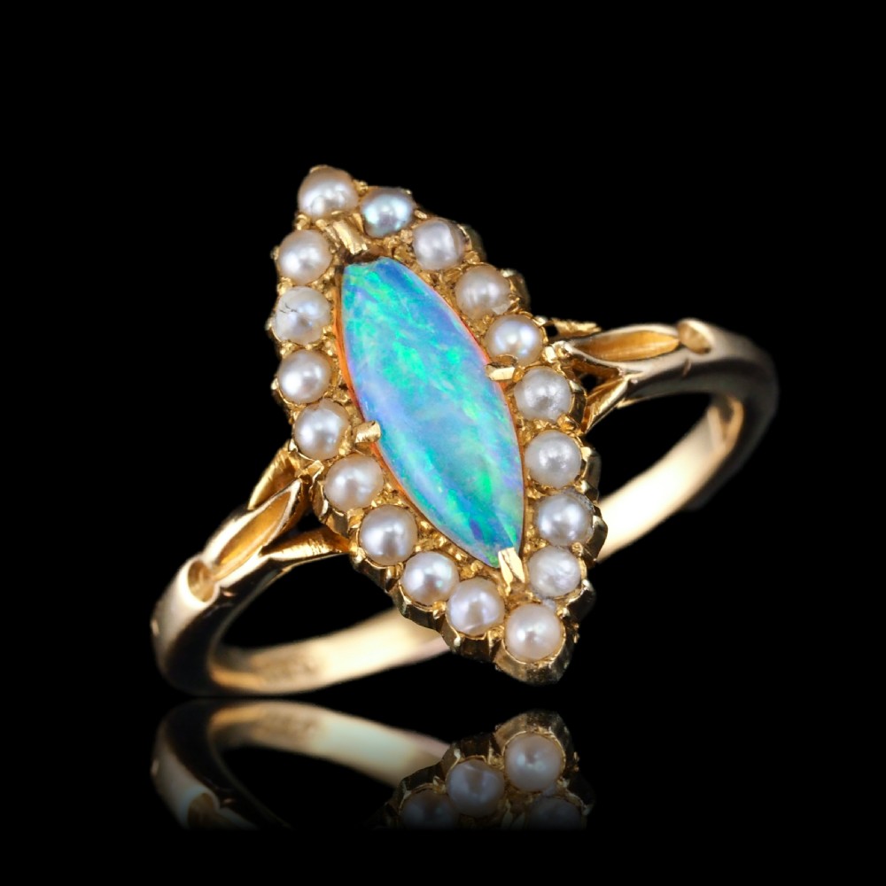 Antique Victorian Opal Ring Marquise Cluster Pearls 18k Gold - C.1895 View X
