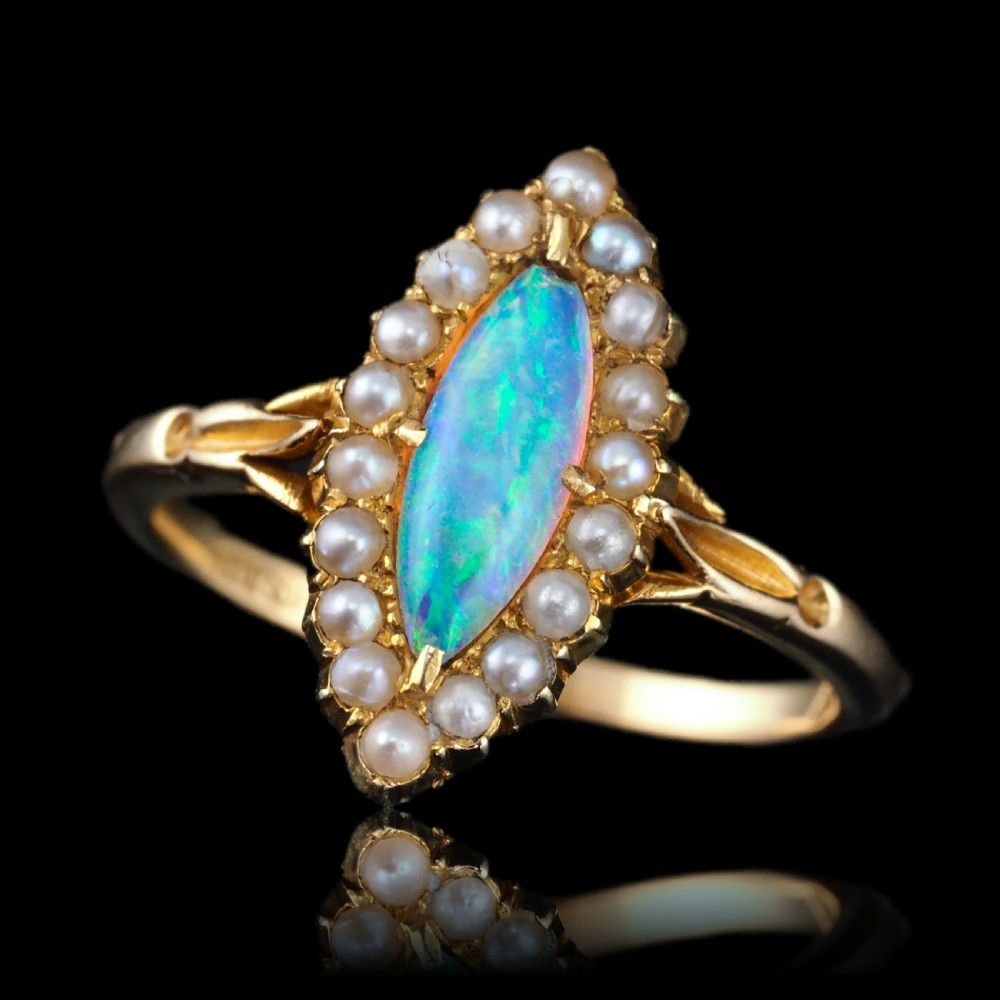 Antique Victorian Opal Ring Marquise Cluster Pearls 18k Gold - C.1895 View XI
