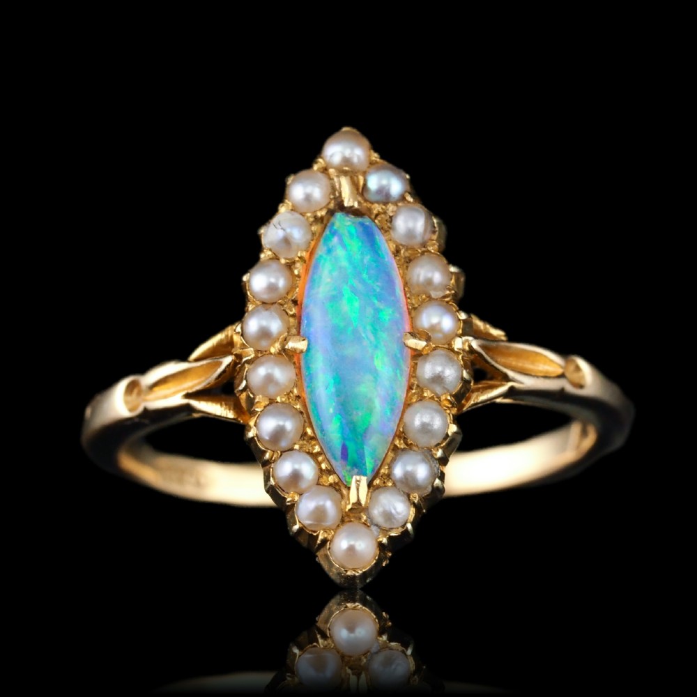 Antique Victorian Opal Ring Marquise Cluster Pearls 18k Gold - C.1895 View XII